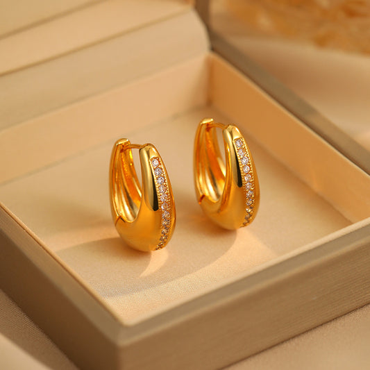 Real Gold Plated Metal Earrings: European Style, Diamond & Water Drop Inlay, High-End